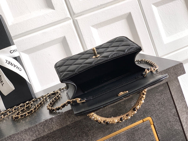 CC Mini Flap Bag 15 With Handle Black Lambskin