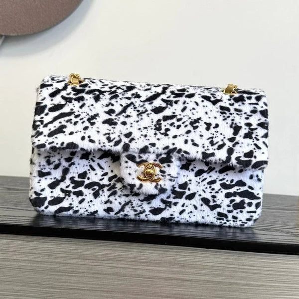 CC 2026 Leopard Print 25cm Flap Bag White Black Ponyhair Leather