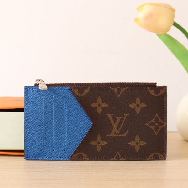 Porta carte con cerniera LV in tela monogramma blu e pelle di vitello 224122