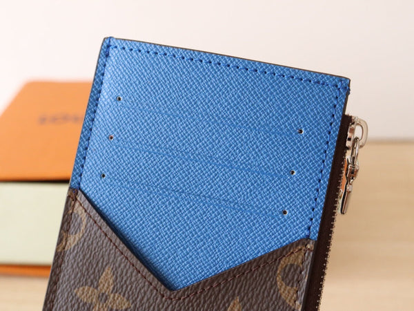 Porta carte con cerniera LV in tela monogramma blu e pelle di vitello 224122