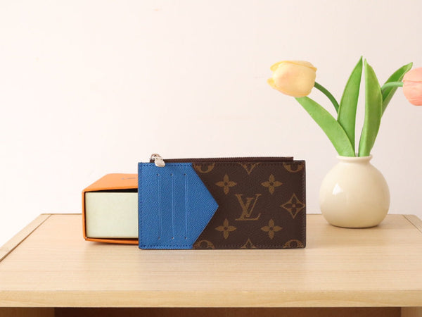 Porta carte con cerniera LV in tela monogramma blu e pelle di vitello 224122