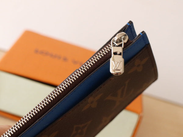 Porta carte con cerniera LV in tela monogramma blu e pelle di vitello 224122