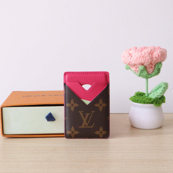 LV Porte-Cartes Magnet Marrone Rosa Tela Monogramma e Pelle di Vacchetta
