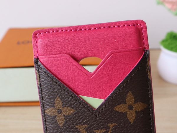 LV Porte-Cartes Magnet Marrone Rosa Tela Monogramma e Pelle di Vacchetta