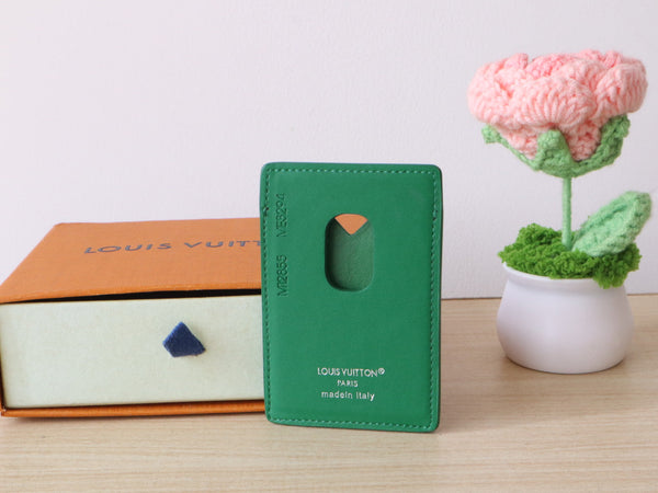 LV Porte-Cartes Magnet Marrone Verde Tela Monogramma e Pelle di Vacchetta