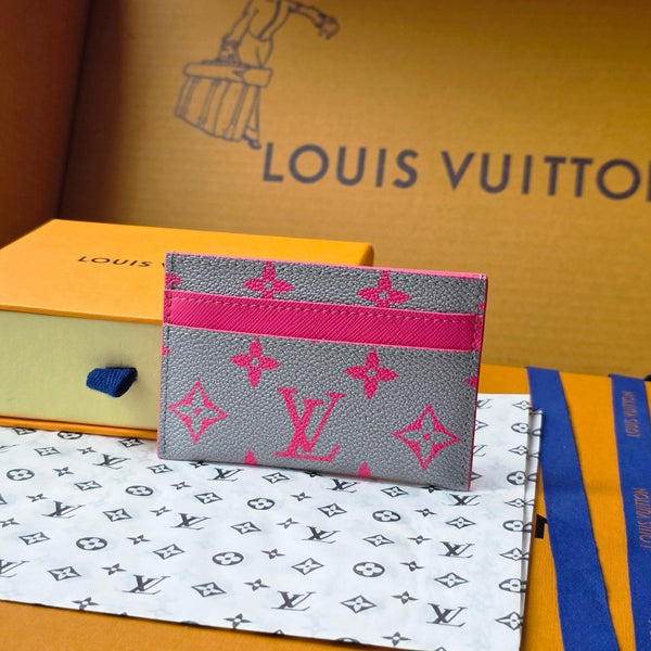 LV M14771 Porta carte doppio in tela Monogram Glow rosa e grigio e pelle di mucca