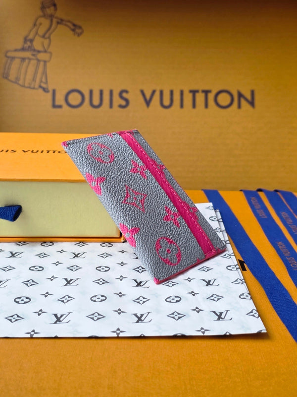 LV M14771 Porta carte doppio in tela Monogram Glow rosa e grigio e pelle di mucca