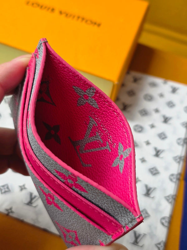 LV M14771 Porta carte doppio in tela Monogram Glow rosa e grigio e pelle di mucca