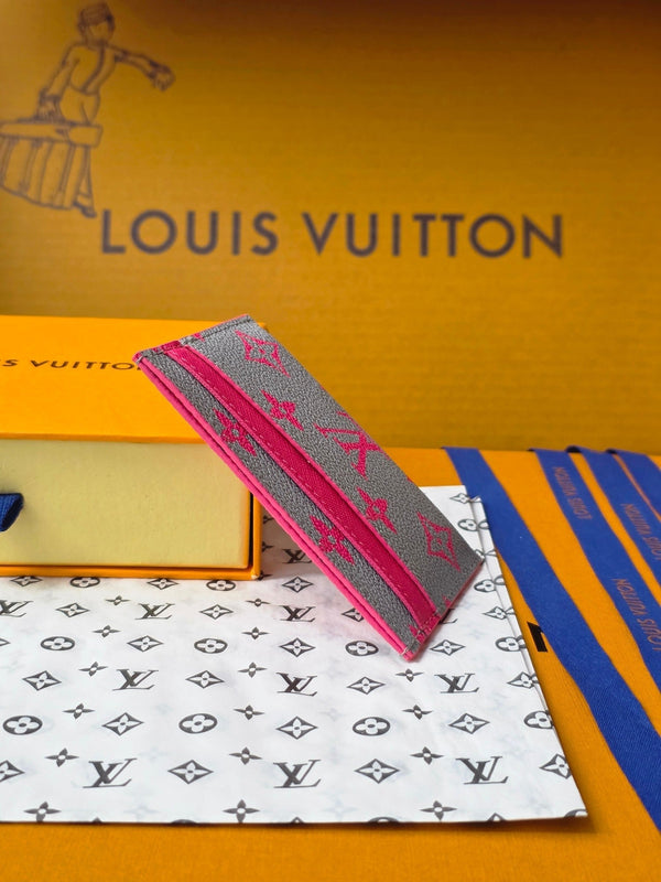 LV M14771 Porta carte doppio in tela Monogram Glow rosa e grigio e pelle di mucca