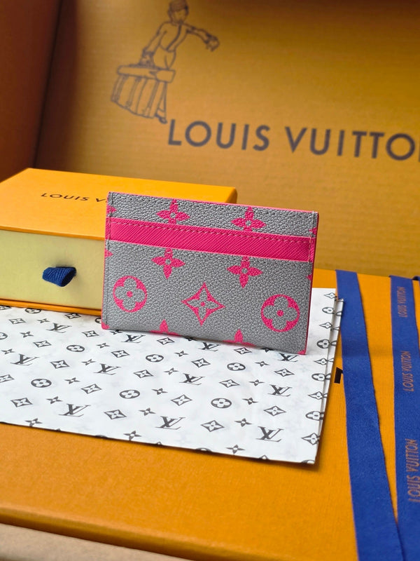 LV M14771 Porta carte doppio in tela Monogram Glow rosa e grigio e pelle di mucca