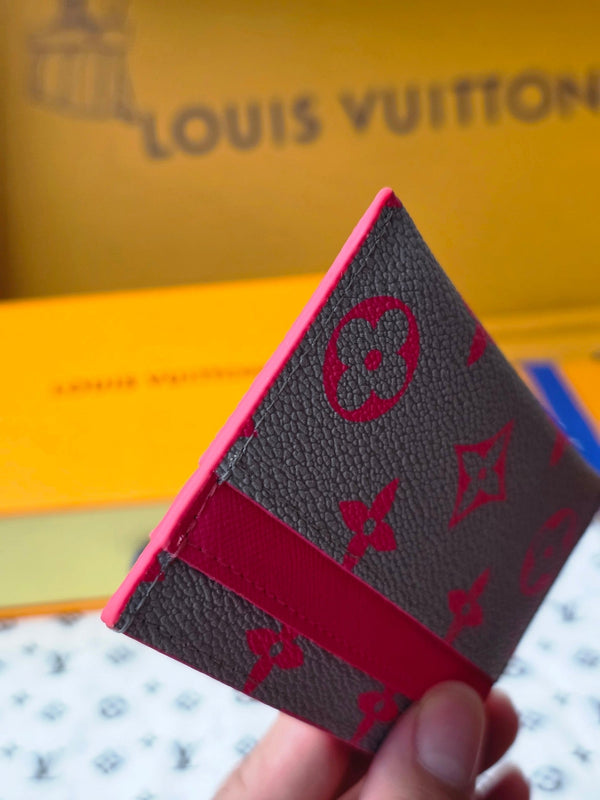 LV M14771 Porta carte doppio in tela Monogram Glow rosa e grigio e pelle di mucca
