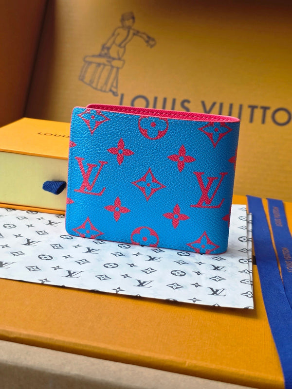Portafoglio multiplo LV M14694 in tela monogrammata blu e rossa e pelle di mucca