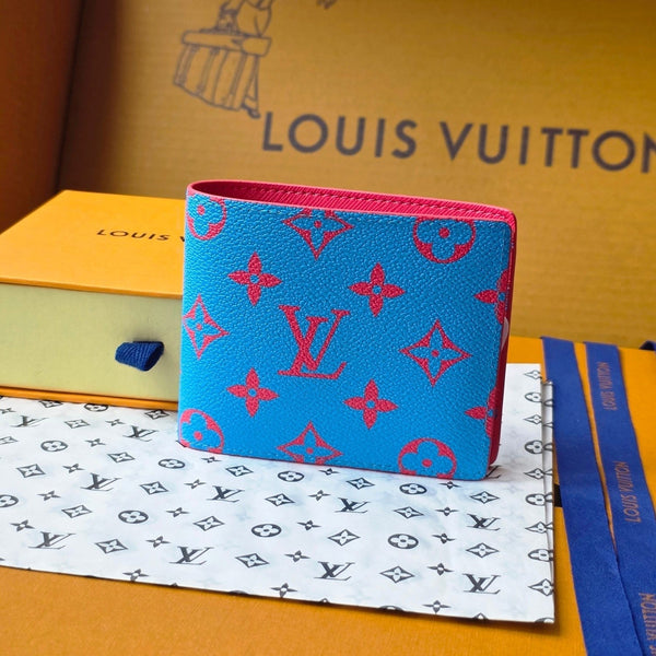 Portafoglio multiplo LV M14694 in tela monogrammata blu e rossa e pelle di mucca