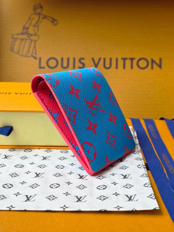 Portafoglio multiplo LV M14694 in tela monogrammata blu e rossa e pelle di mucca