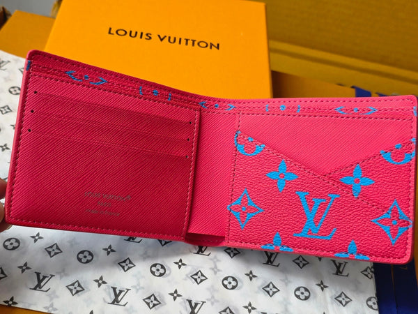 Portafoglio multiplo LV M14694 in tela monogrammata blu e rossa e pelle di mucca