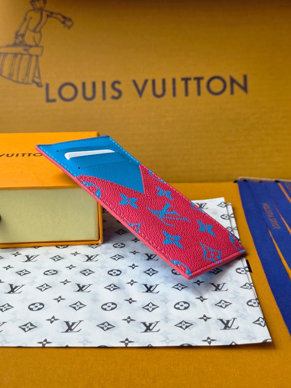 LV M14762 Porta carte e monete in tela monogramma blu e rosso e pelle di mucca