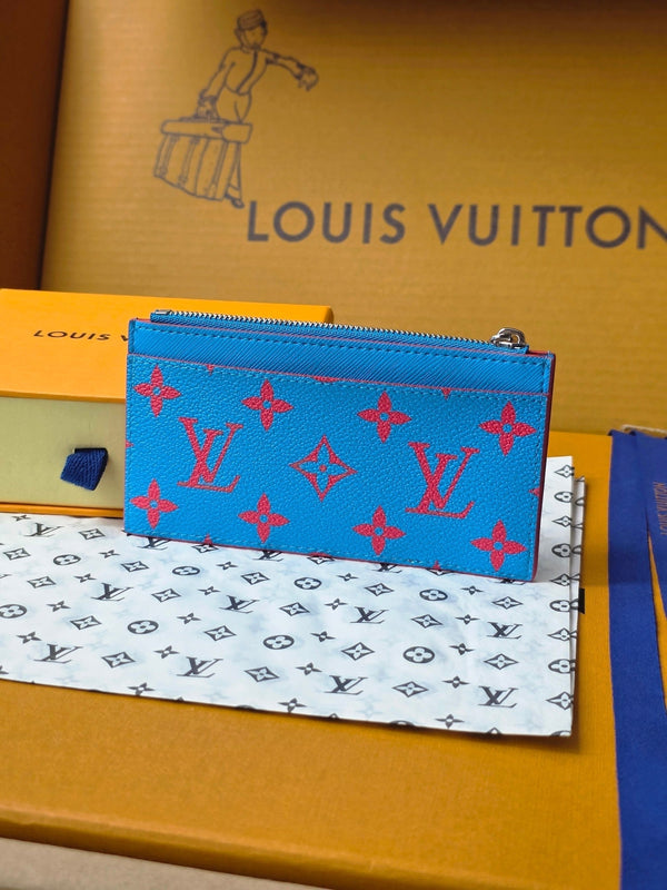 LV M14762 Porta carte e monete in tela monogramma blu e rosso e pelle di mucca