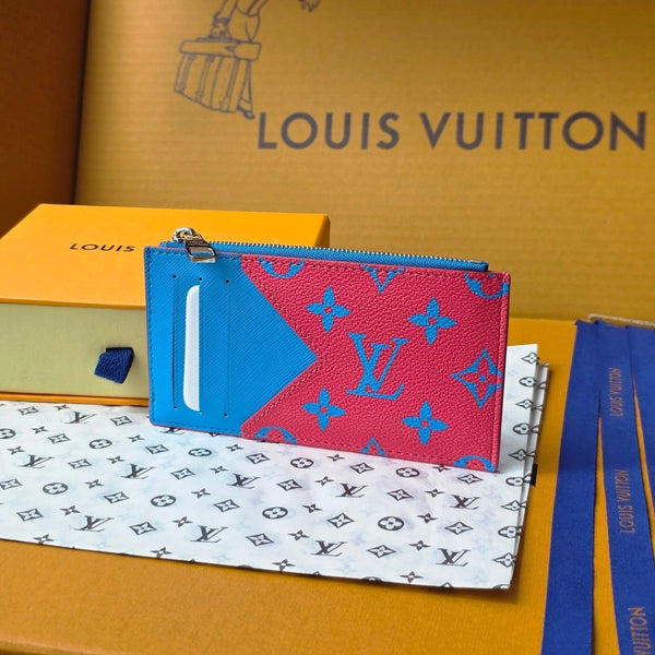 LV M14762 Porta carte e monete in tela monogramma blu e rosso e pelle di mucca