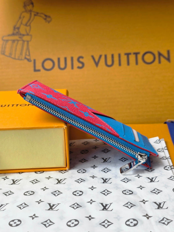 LV M14762 Porta carte e monete in tela monogramma blu e rosso e pelle di mucca