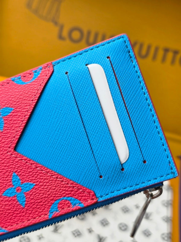 LV M14762 Porta carte e monete in tela monogramma blu e rosso e pelle di mucca