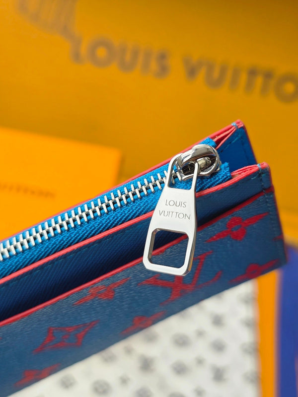 LV M14762 Porta carte e monete in tela monogramma blu e rosso e pelle di mucca