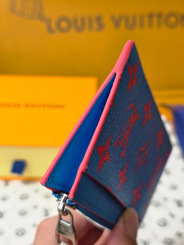 LV M14762 Porta carte e monete in tela monogramma blu e rosso e pelle di mucca