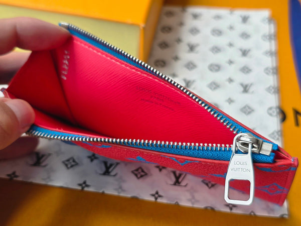 LV M14762 Porta carte e monete in tela monogramma blu e rosso e pelle di mucca