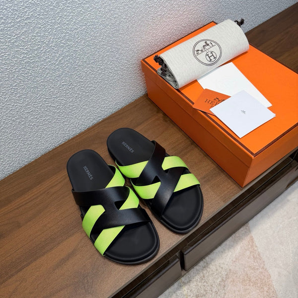 HM 26s Kazimir Sandal In Black Calfskin And Lime Green Fabric