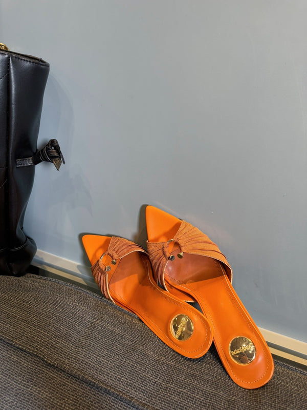 LOLA HIGH MULES IN TANGELO ORANGE SMOOTH LAMBSKIN AND DRAPED JERSEY