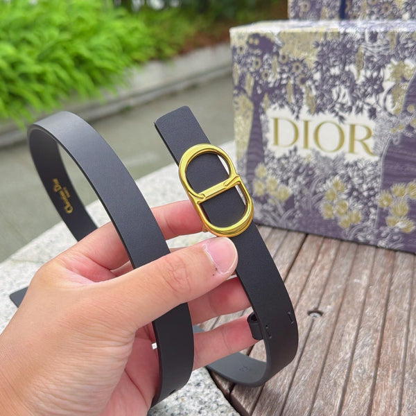 Ceinture CD icône 2 cm en cuir de veau noir or mat 203159