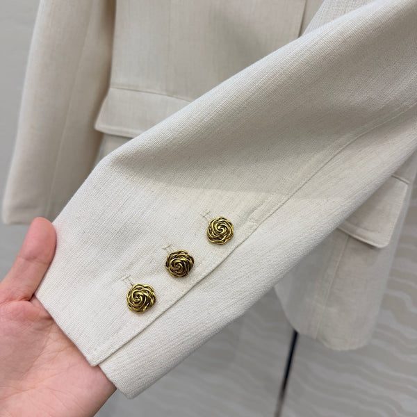 CC 26S Collarless Jacket Gold Camellia Buttons Beige Polyester 442109
