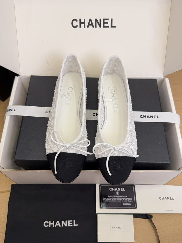 CC 25 Ballerine Tessuto a rete bianco Grosgrain nero 277707 