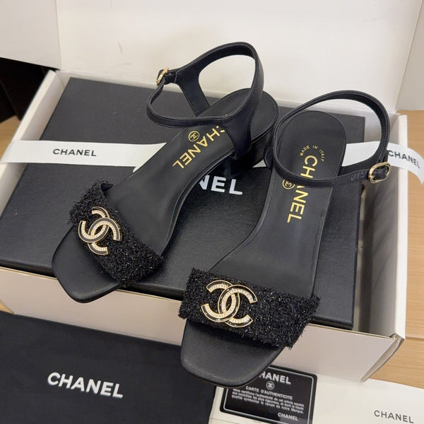 CC 25 High Heels 40 Sandals Black Fabric And Sheepskin Square Toe 277713
