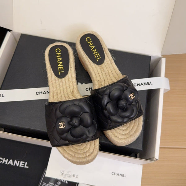 CC 25 Camellia 40 Mule Black Leather and Espadrilles Mix Wood Sole 277720