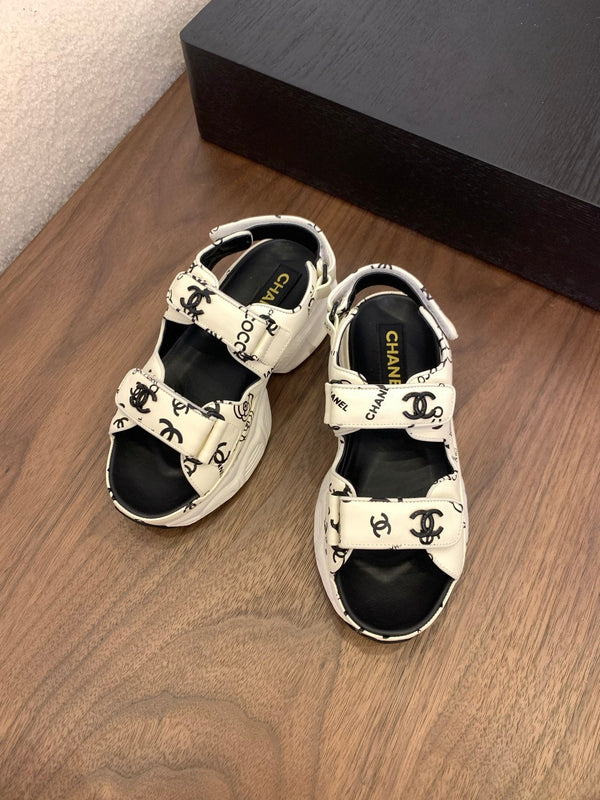CC Toe Sandals White Mix Camellia Pattern Leather 299536