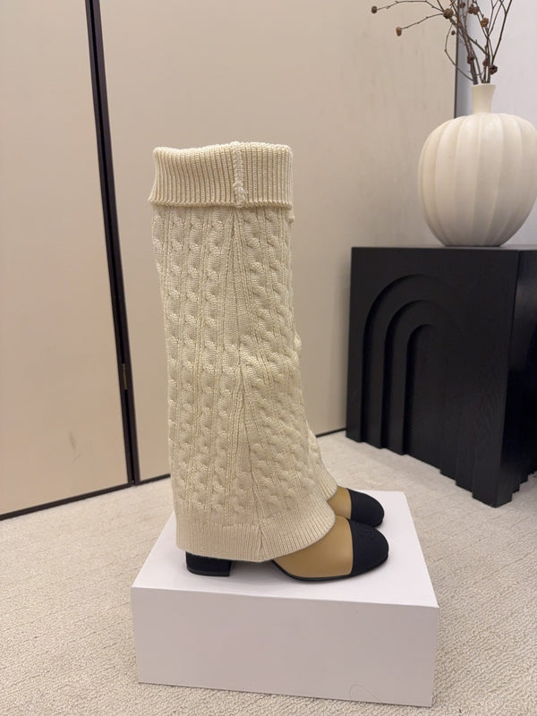 CC 26 Botte Détail Chaussette Crème Beige Laine Cuir 588841