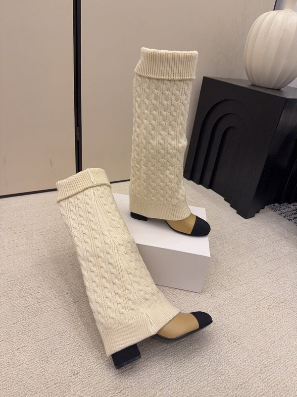 CC 26 Botte Détail Chaussette Crème Beige Laine Cuir 588841