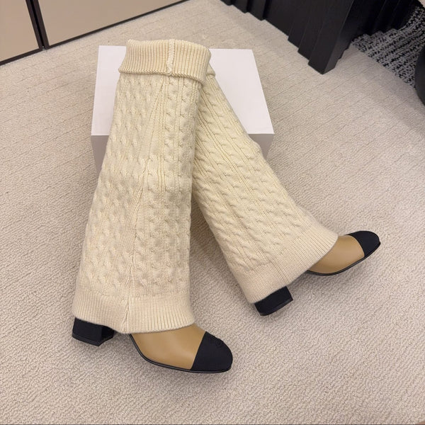 CC 26 Botte Détail Chaussette Crème Beige Laine Cuir 588841
