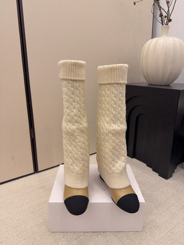 CC 26 Botte Détail Chaussette Crème Beige Laine Cuir 588841