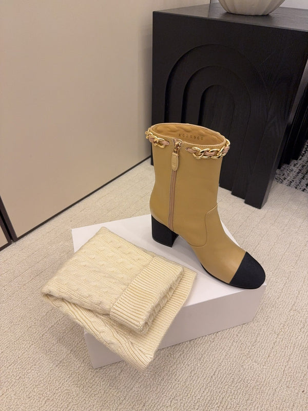 CC 26 Botte Détail Chaussette Crème Beige Laine Cuir 588841