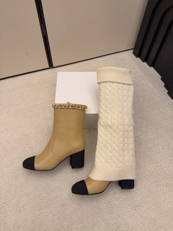CC 26 Botte Détail Chaussette Crème Beige Laine Cuir 588841