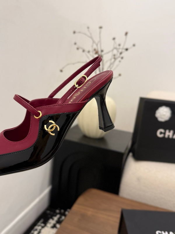 CC 26FW Slingback 7.5cm Black Burgundy Lambskin Patent Leather 676113