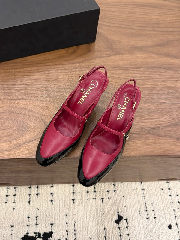 CC 26FW Slingback 7.5cm Black Burgundy Lambskin Patent Leather 676113