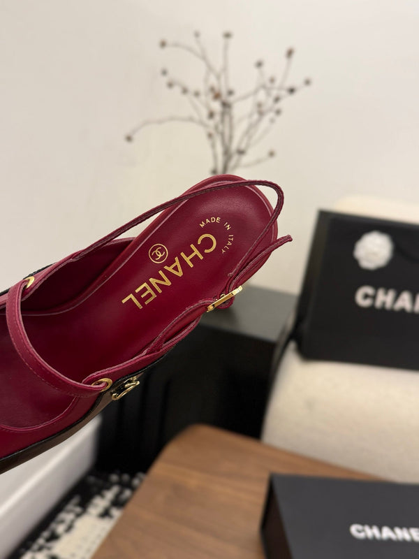 CC 26FW Slingback 7.5cm Black Burgundy Lambskin Patent Leather 676113