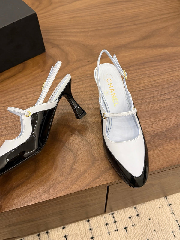 CC 26FW Slingback 7.5cm Black Grey Lambskin Patent Leather 676115