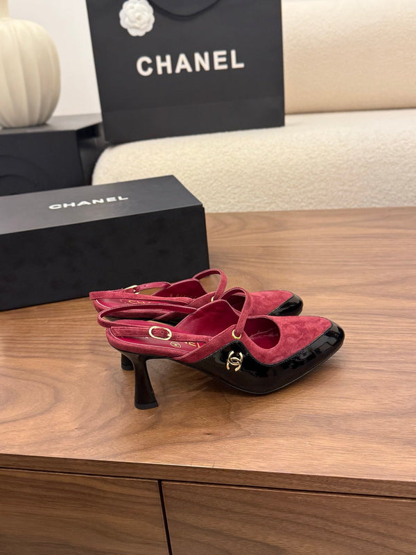 CC 26FW Slingback 7.5cm Red Black Suede Patent Leather 676119