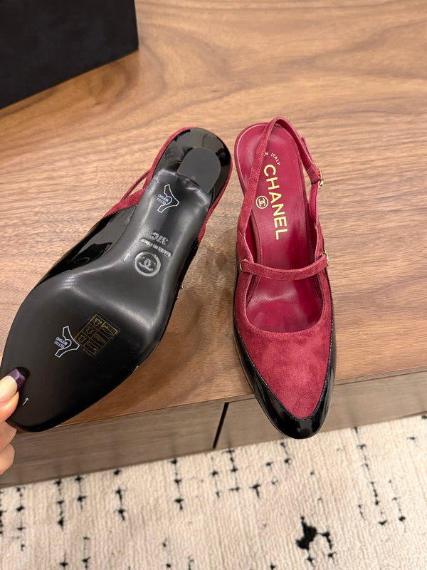 CC 26FW Slingback 7.5cm Red Black Suede Patent Leather 676119