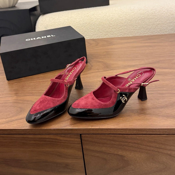CC 26FW Slingback 7.5cm Red Black Suede Patent Leather 676119