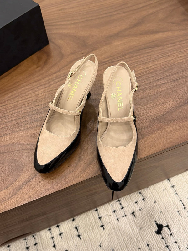 CC 26FW Slingback 7.5cm Beige Black Suede Patent Leather 676120