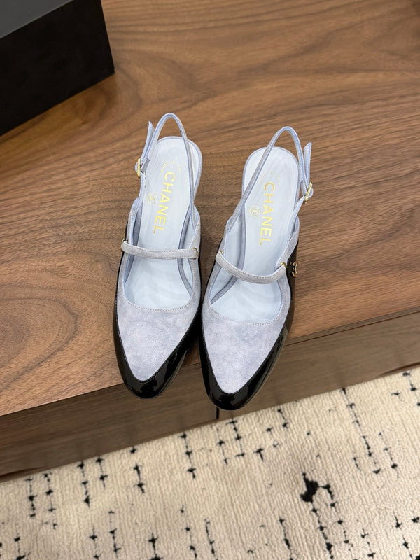 CC 26FW Slingback 7.5cm Grey Black Suede Patent Leather 676121